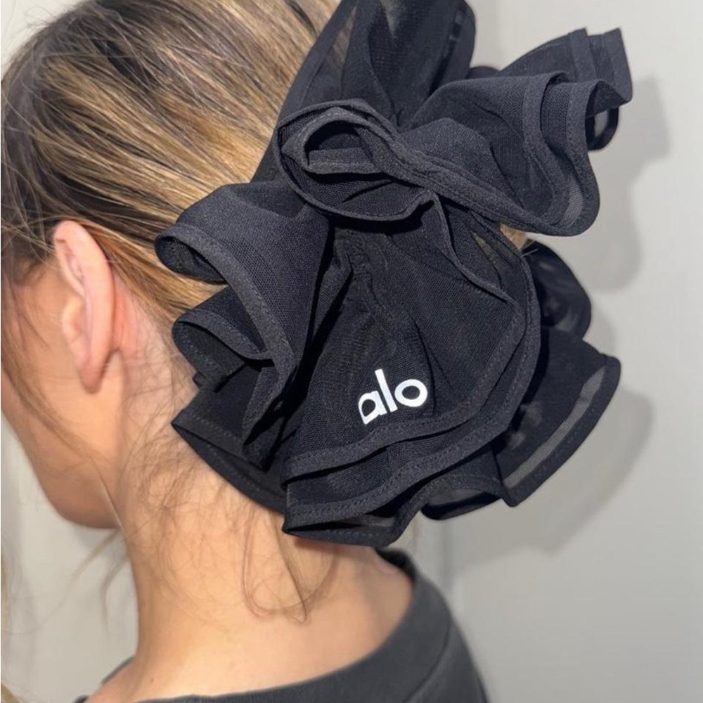 ALO Yoga Black Ruffle Hair Scrunchie with Logo